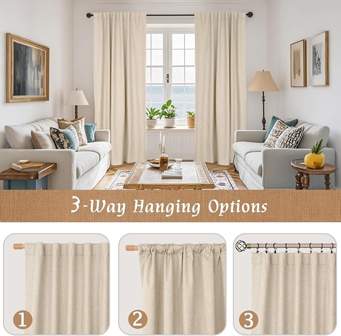 Natural Full Blackout Linen Curtains 60 Inches 2 Panels, 52 x 60 Inch | Linen - Image 9