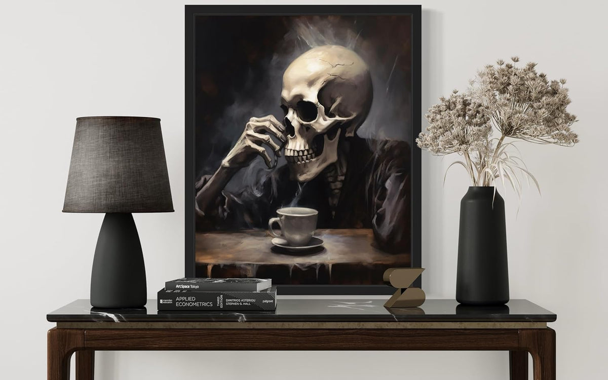 Skull Drinking Coffee Poster Art Print, Halloween Scary Vintage Wall Art Academia Spooky Painting Decoration for Horror Prints, Gothic Posters Bedroom Decor 89 (Skull Drinking Coffee, 11 x 14 inches, Black Frame)