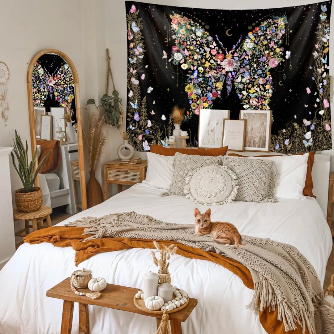 Damanse Butterfly Tapestry Wall Hanging Cute,Boho Wall Tapestry for Bedroom Aesthetic,Flower Living Room Decor for Teen Girls (Black, 59.80" x 78.70")