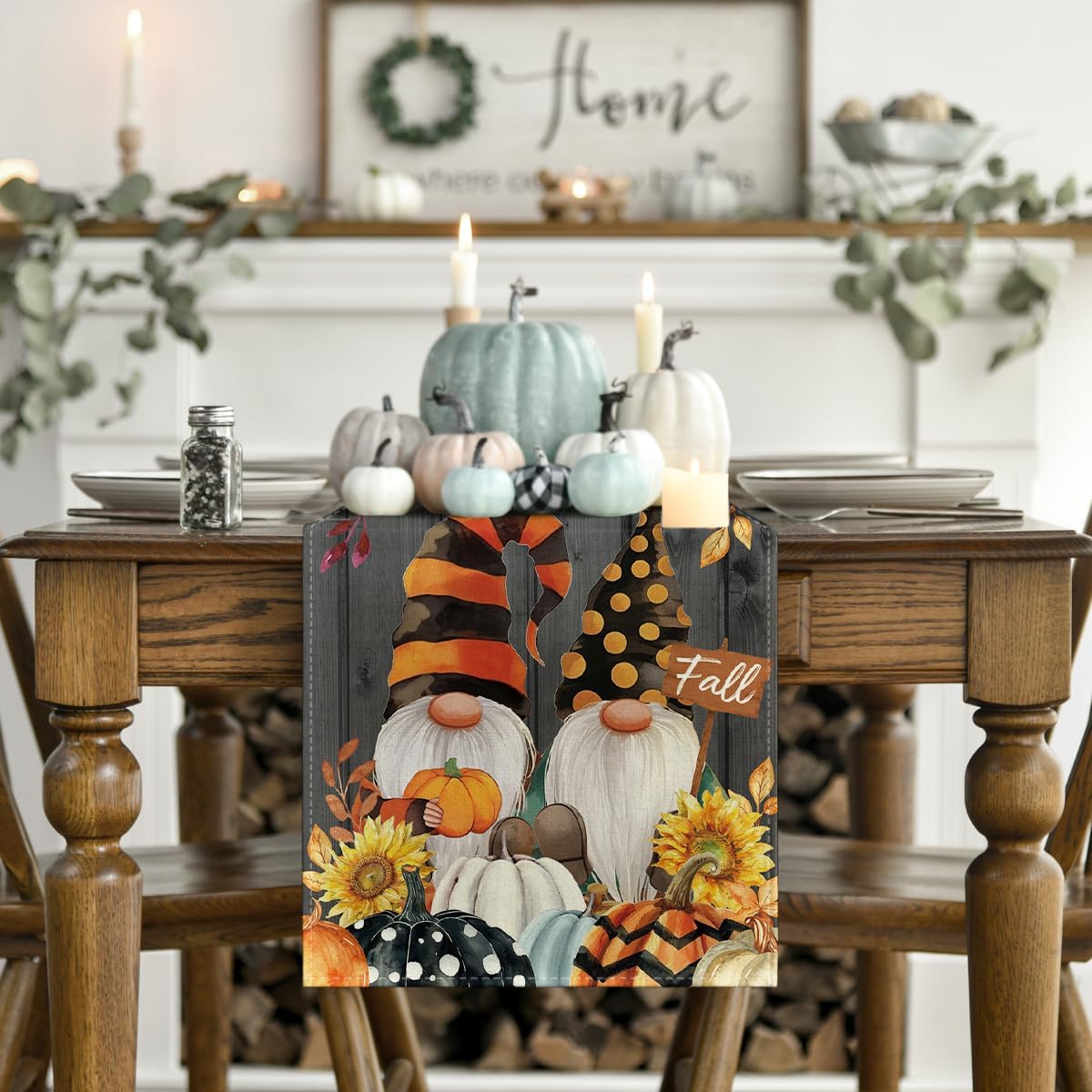 Artoid Mode Fall Gnomes Pumpkins Sunflower Maple Leaves Thanksgiving Table Runner, Seasonal Harvest Vintage Kitchen Dining Table Decoration for Indoor Outdoor Home Party Decor 13 x 90 Inch