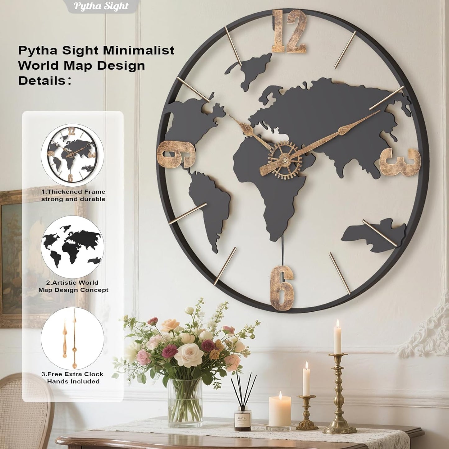 30 Inch Large Modern Decorative Metal World Map Wall Clocks Giant Extra Vintage Gold Arabic Numeral Oversized Wall Clock for Living Room,Office,Dining Room,Entryway,Fireplace