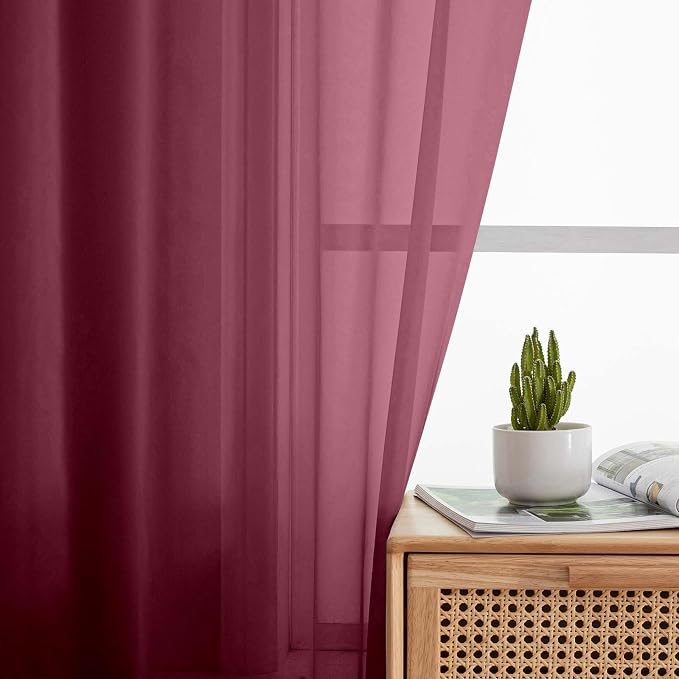 Burgundy Sheer Curtains for Bedroom Living Room 54 Inch Length 2 Panels Set - Image 6
