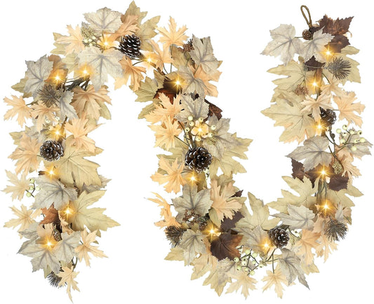 Realistic Fall Garland with Lights, 6 FT Real Touch Feel Leaves Garland with Berries Pine Cones, Fall Decorations for Home Thanksgiving Halloween Decorations Indoor Farmhouse Porch Fireplace