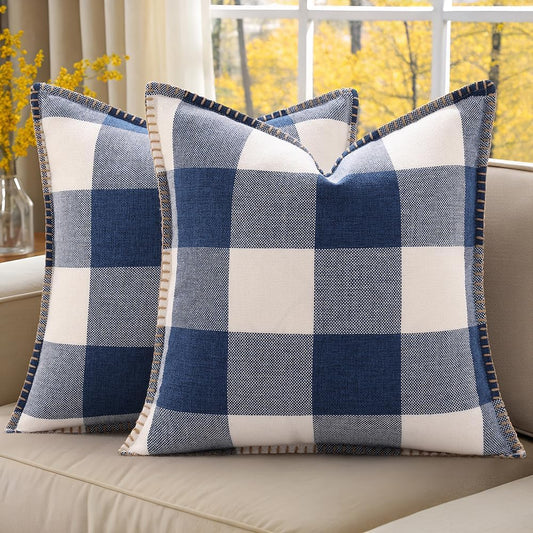 decorUhome Buffalo Plaid Check Throw Pillow Covers 16x16 Set of 2, Outdoor Decorative Farmhouse Neutral Pillow Covers with Stitched Edge for Bed Couch Sofa, Navy Blue and White