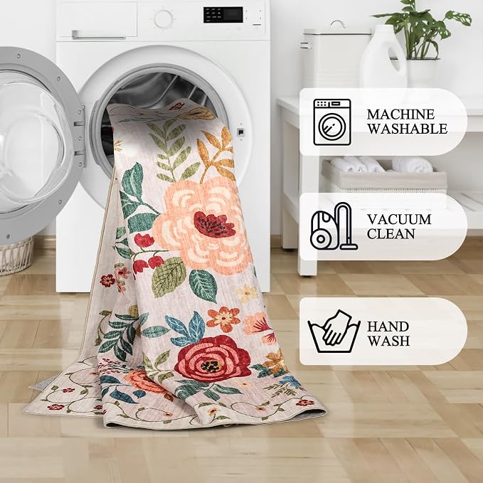 DUKINO 4x4 Square Area Rug, Soft Floral Washable Rug - Image 6