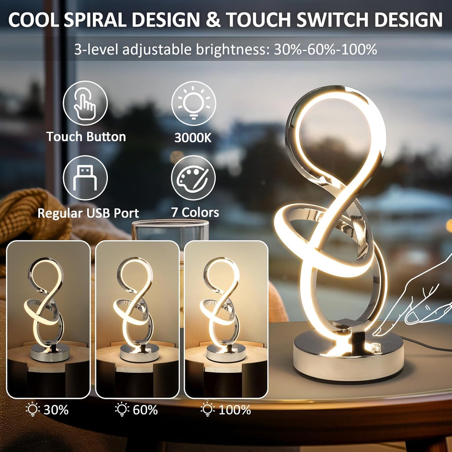 Modern Spiral Table Lamp, 7 Colors 10 Light Modes LED Nightstand Small Lamp with USB C+A Ports, Touch Dimmable Lamps for Living Room Bedroom Bedside, Unique & Cool Lamps,Silver