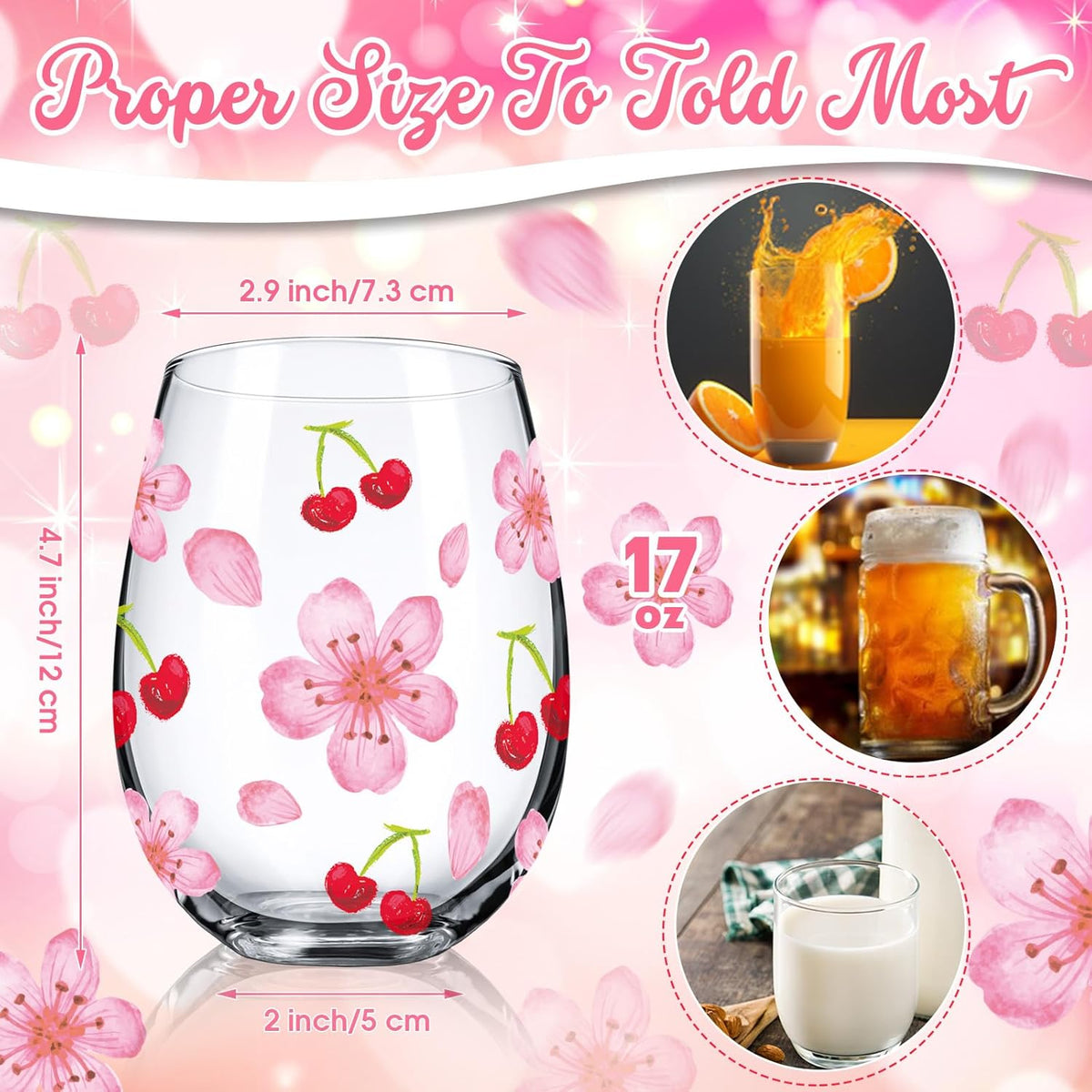 Sliner 2 Pack 17oz Cherry and Flower Stemless Wine Glasses Cherry Blossom Drinking Glasses Floral Tumbler Cups for Women Birthday Anniversary Gift Parties Supplies