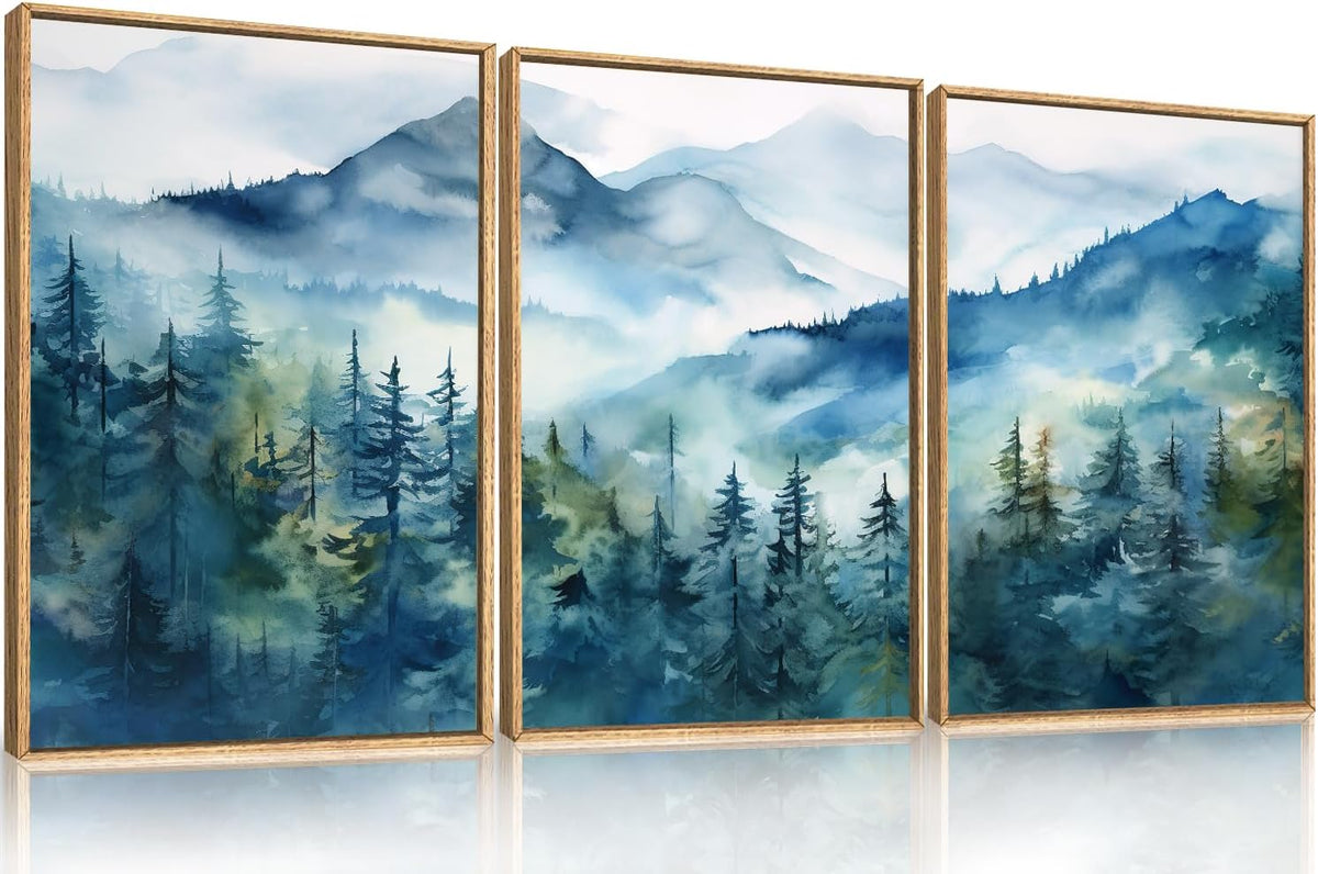 Celestdeco Blue Ridge Mountains Forest Framed Canvas Wall Art Set, Natural Landscape Wall Decor, Green Pine Trees Wall Painting, Woodland Artworks for Living Room, Bedroom, Dining Room - 16"x24"x3