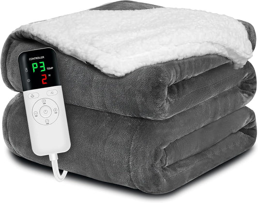 Heated Blanket Throw 50x60, Extra Plush 220GSM Flannel & Sherpa with Child Lock | 6-Level Smart Adaptive Heat & 8Hr Timer | ETL Certified Electric Blanket for Full Body Comfort