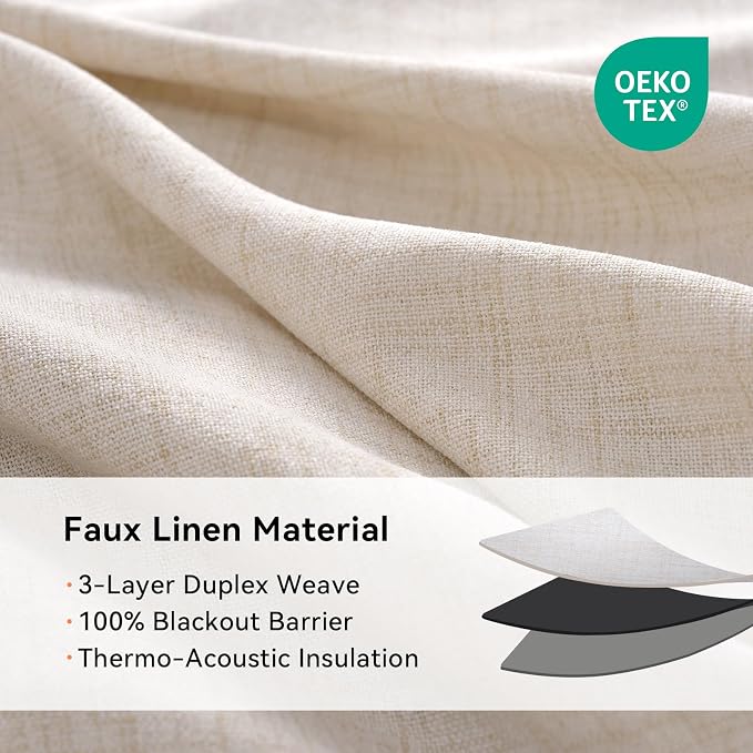 100% Blackout Linen Textured Curtains 63 Inch Long, Oatmeal | 100% Blackout - Image 5