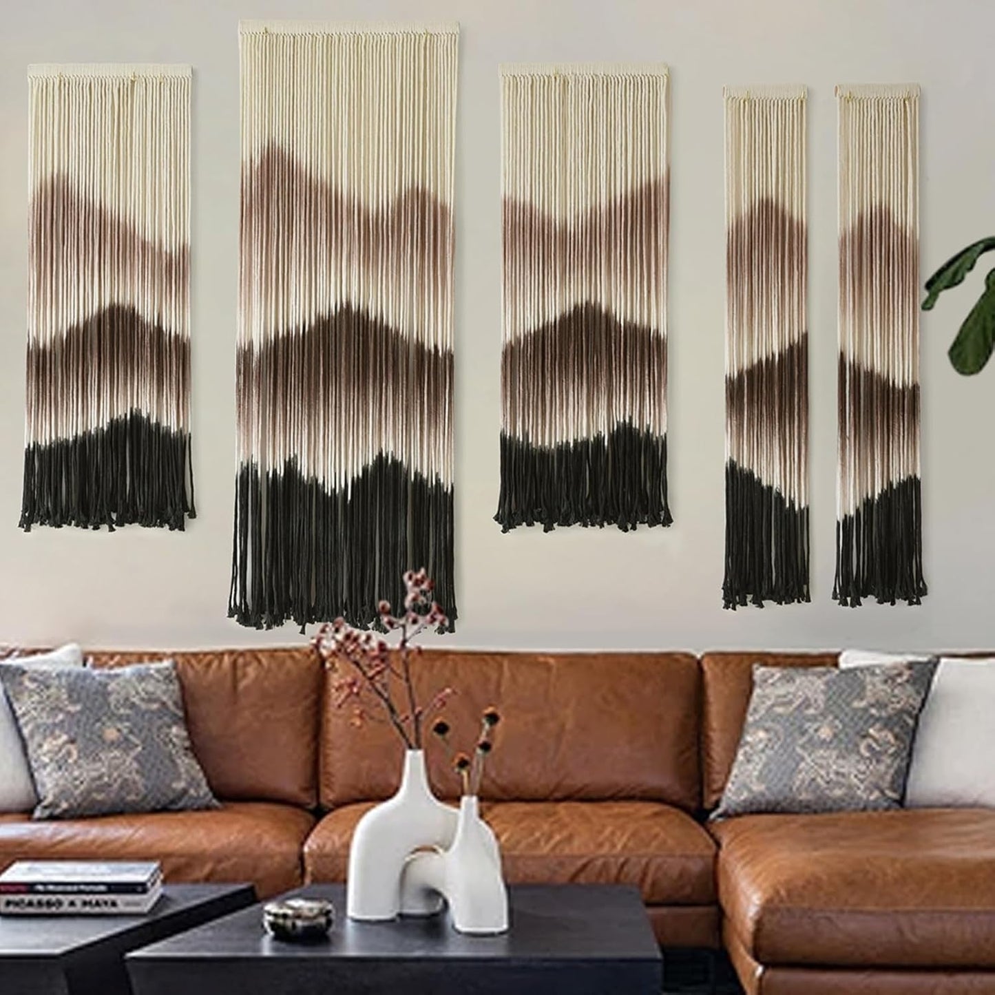 IOWER Large Macrame Wall Hanging Mountain Handmade Brown Dip-Dyed Boho Wall Decor 5Pcs Art Wall Decor for Bedroom Living Room Fiber Art Tapestry