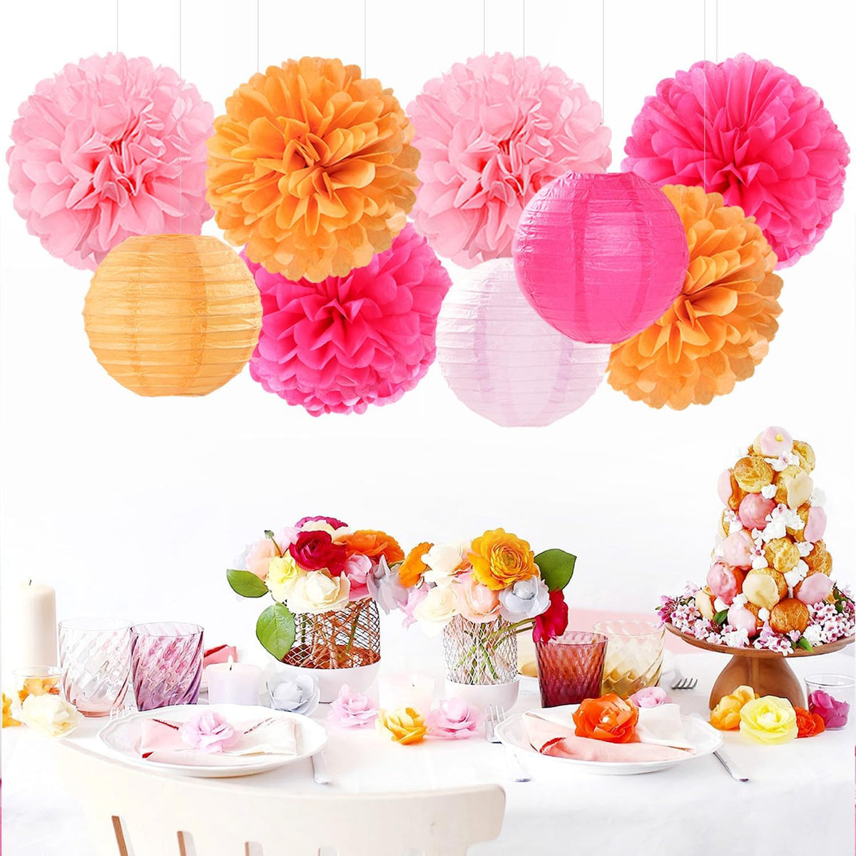 Pink-Orange Party-Decorations Paper-Flowers Lanterns - 15PCS Fall Wedding Birthday Tissue Pom Poms Streamers, Boho Baby Bridal Shower Graduation Sunset Hanging Supplies Decor Hugfond