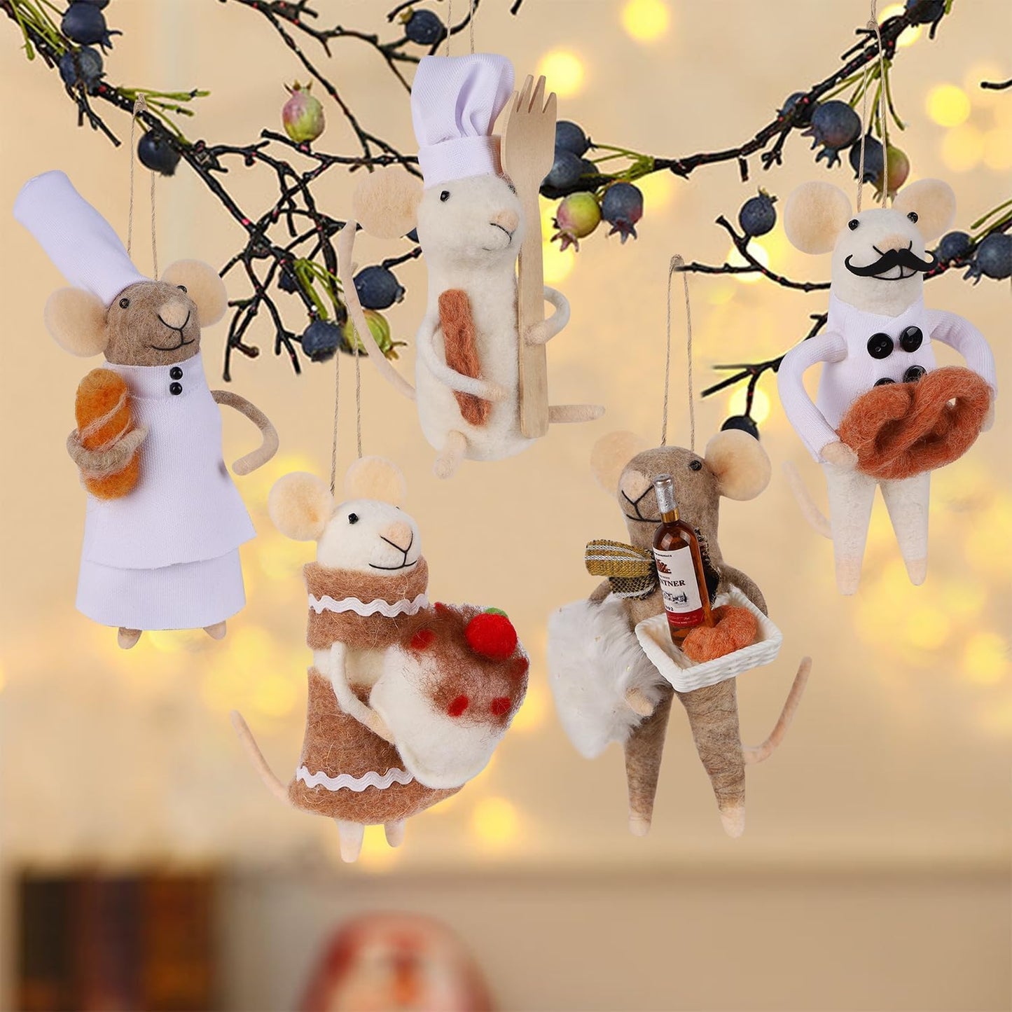 Set of 5 Christmas Felt Mice Ornaments, 4.7" Mini Hanging Wool Chef Mouse Figurines, Tiered Tray Tabletop Decor, Animal Crafts Cute Xmas Tree Festival Holiday Easter Gifts Home Office Party Supply