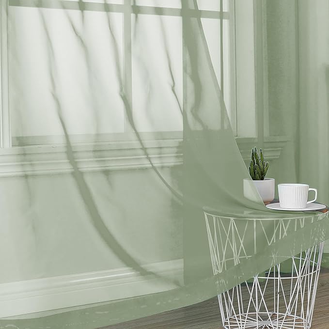 Light Green Sheer Curtains 63 inch Length 2 Panels Set - Image 6