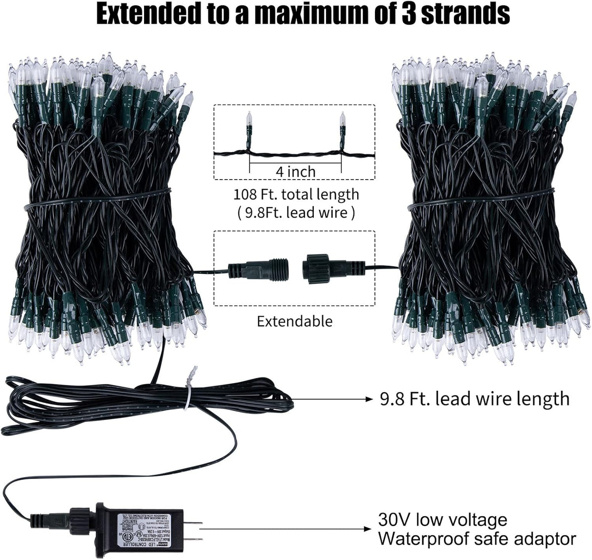LED Christmas Mini Lights, 108 Feet 300 LED Clear Bulbs String Lights with 8 Light Modes, Connectable Fairy Lights Plug in for Outdoor Xmas Trees Garland Wreath Holiday Decorations, Warm White