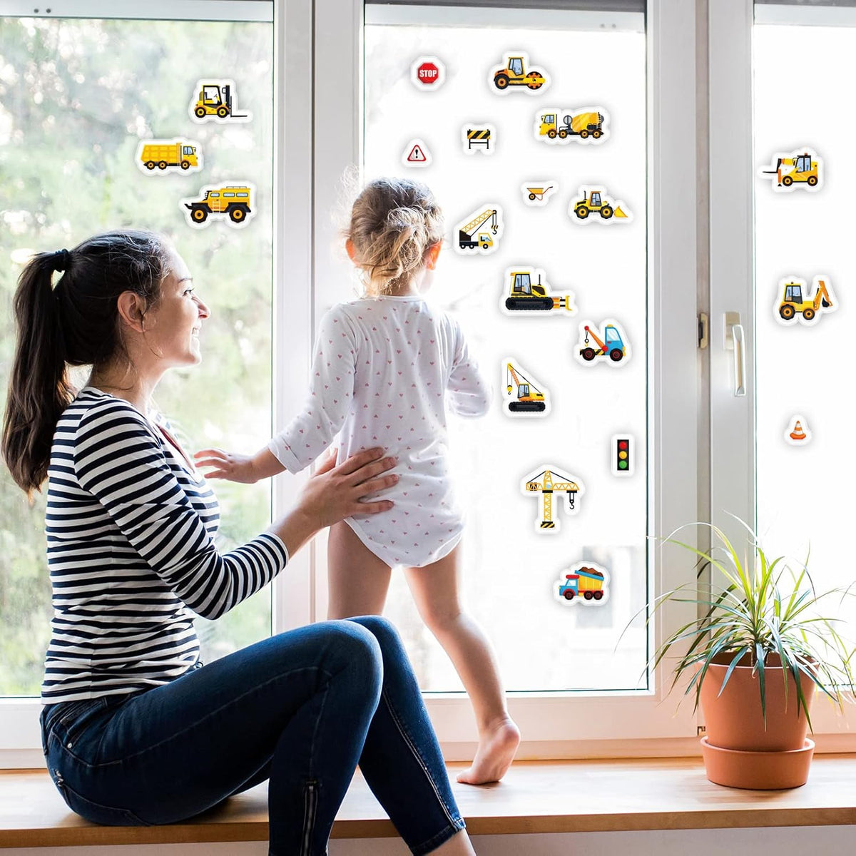Tevxj Construction Vinyl Gel Clings, 20 Pcs Yellow & Black Transportation Stickers for Kids, Reusable Wall & Window Decor, Airplane, Truck Decals, Party Supplies