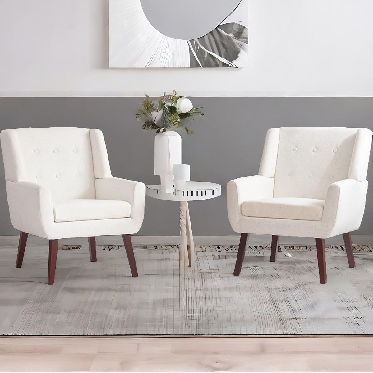 HUIMO Button-Tufted Accent Chairs Set of 2,Upholstered Reading Living Room Chair,Mid Century Modern Chair with Linen Fabric, Club Chair,Comfy Arm Chairs for Living Room,Bedroom,Beige