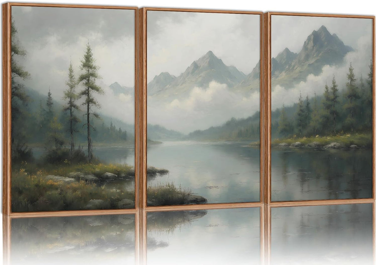 SIGNINART Large Misty Mountain Framed Canvas Wall Art, Green Forest River Scenery Wall Decor, Modern Foggy Wooden Landscape Artwork, Oil Style Nature Art Print for Living Room Bedroom Office 24"x36"x3