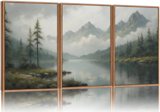 SIGNINART Large Misty Mountain Framed Canvas Wall Art, Green Forest River Scenery Wall Decor, Modern Foggy Wooden Landscape Artwork, Oil Style Nature Art Print for Living Room Bedroom Office 24"x36"x3