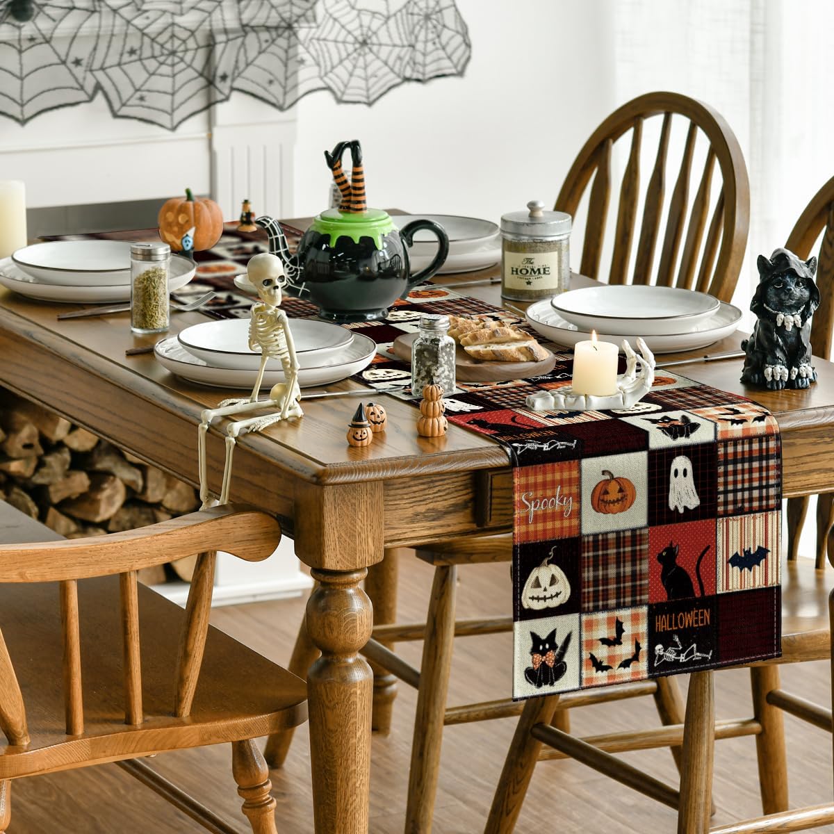 Artoid Mode Black Cat Bat Pumpkin Spooky 210 GSM Halloween Table Runner, Ghost Kitchen Dining Table Decoration for Home Party Decor 13x36 Inch