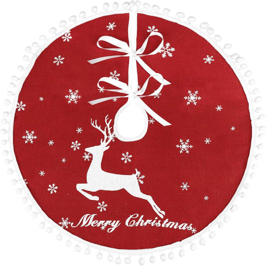 24 Inch Christmas Tree Skirt, Burlap Red Christmas Rustic Tree Skirt with Elk Deer and White Snowflake Printed for Holiday Party Xmas Tree Decoration