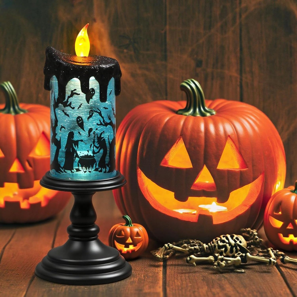 Eldnacele Halloween Snow Globe Flameless Candle with Timer, Battery Operated Spooky Spinning Water Glittering Tornado Lamp LED Candlestick Table Fireplace Witch Decal Halloween Holiday Decoration