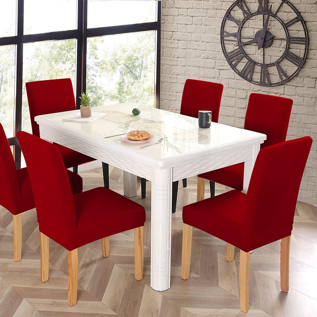 JQinHome 8 Pcs Dining Chair Slipcover,High Stretch Removable Washable Chair Seat Protector Cover for Home Party Hotel Wedding Ceremony (Red)