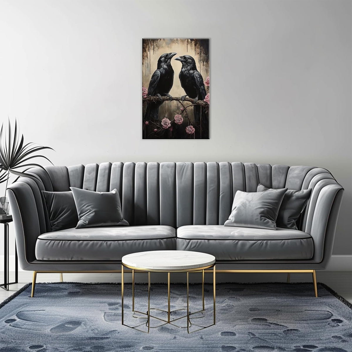 OAAPITI Crow Canvas Wall Art Black Raven Picture Print Pink Rose Poster Vintage Gothic Painting Artwork for Living Room Halloween Decor(Artwork-6,16"x24")