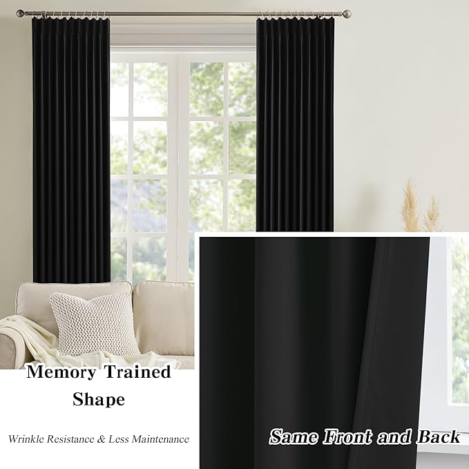 72 Inch Wide Black Pinch Pleated Curtains 72 x 100, Thermal Insulated Noise - Image 6