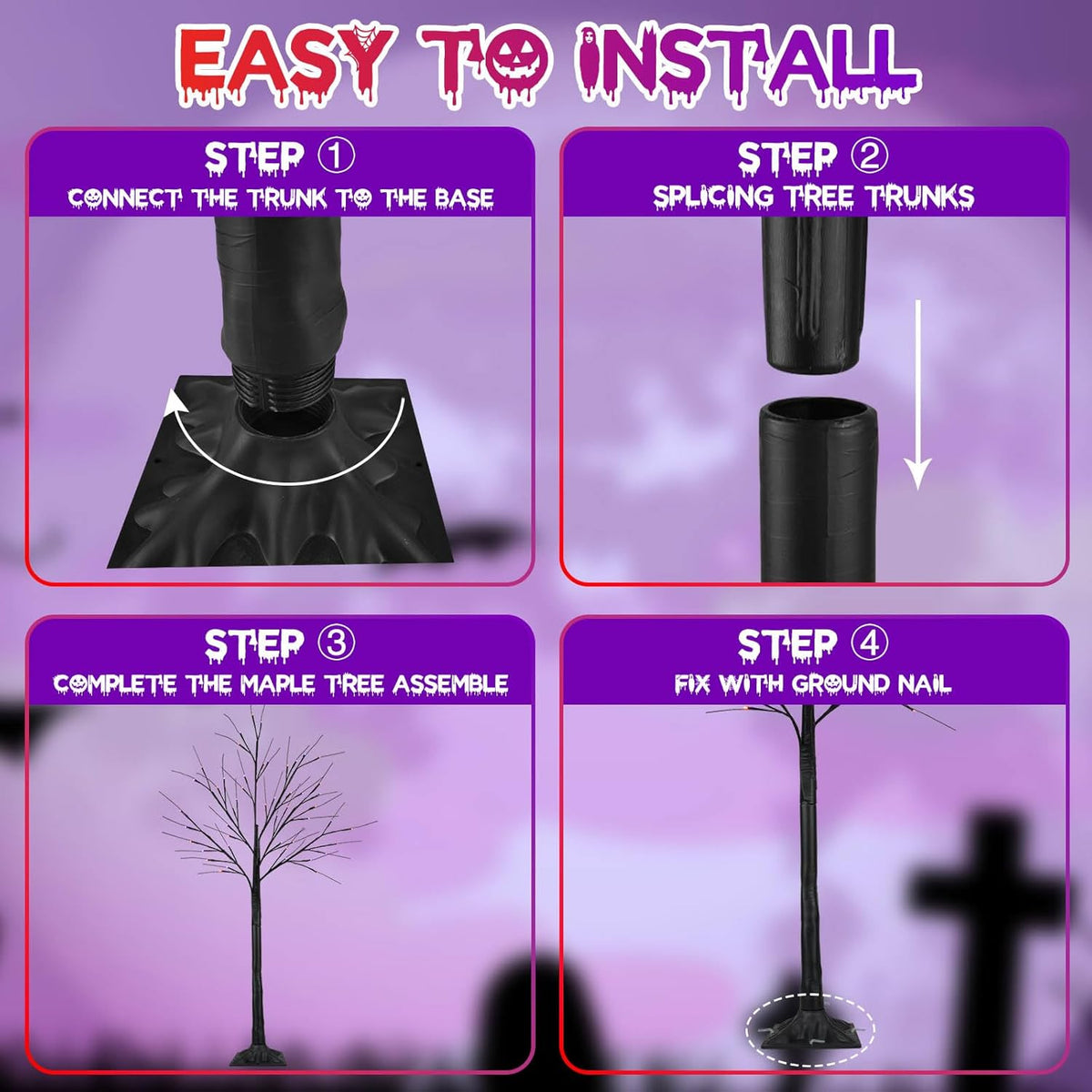 2Pack 4FT 100LED Black Halloween Tree Lights, Timer Function Halloween Trees with Purple and Orange Lights, Spooky Trees Light for Indoor Outdoor Halloween Decorations