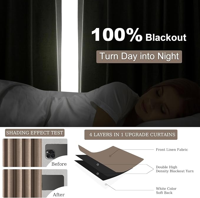 Topfinel 92 inch Long 100% Blackout Drapes 2 Panels Linen Texture Curtains Warm - Image 6