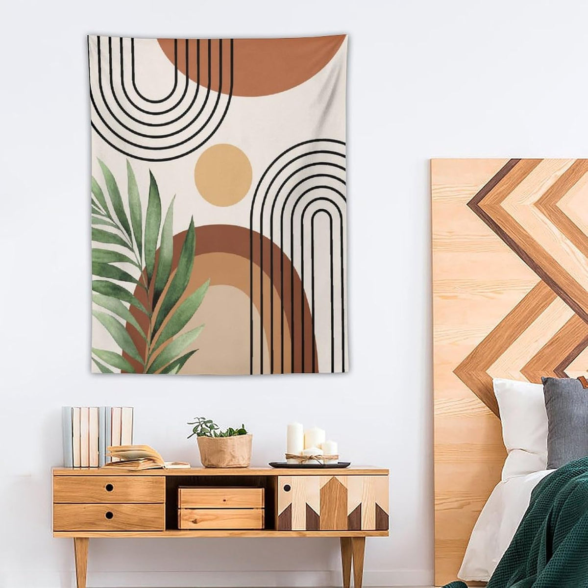 Abstract Bohemian Mid Century Tapestry, Tropical Leaves Modern Geometric Archway Minimalist Bohemian Botanical Aesthetic Wall Hanging, Sage Green Gold Home Decor Art for Bedroom 60x80 Inch