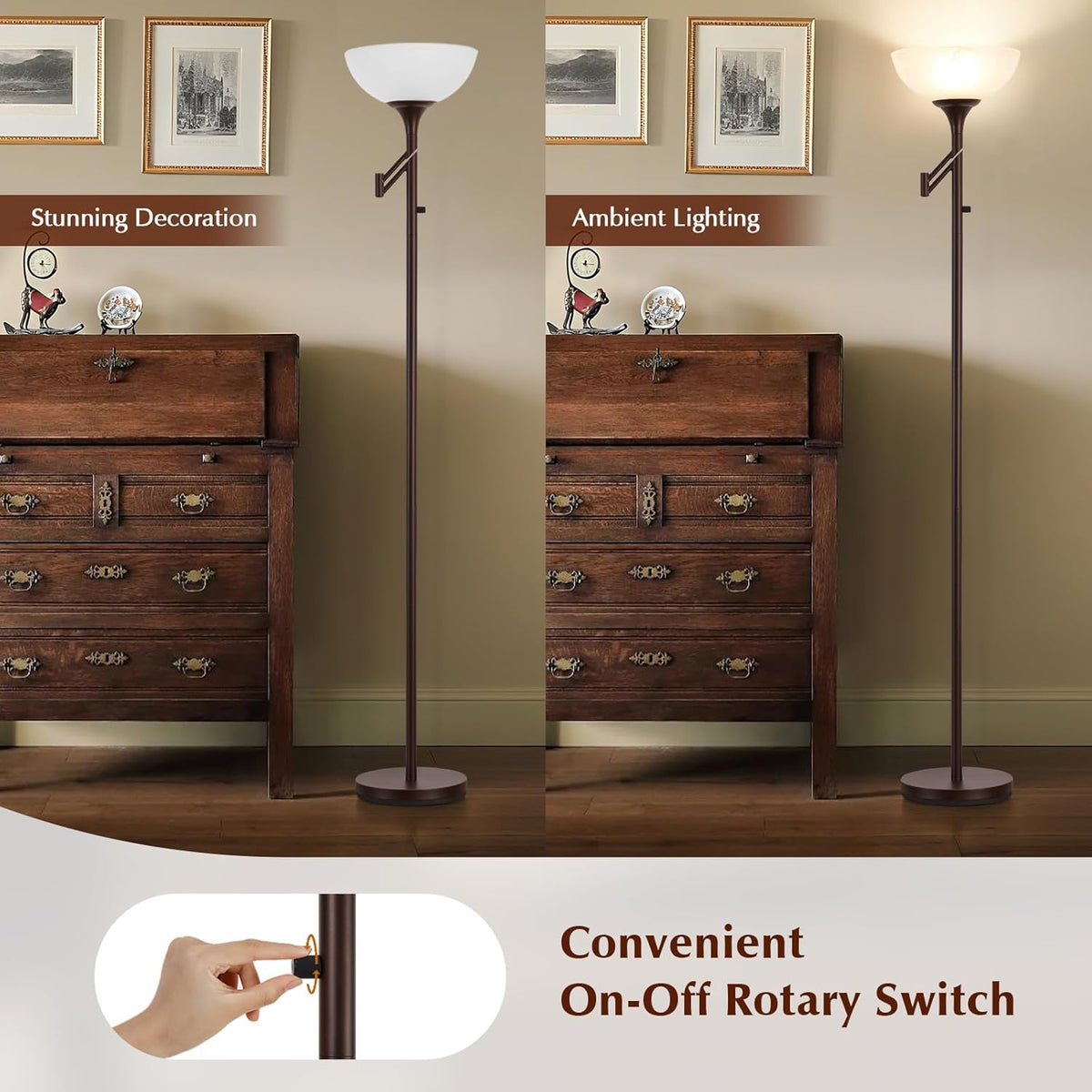 Floor Lamps for Living Room Bronze, 71" Tall Standing Lamp with Glass Shade, Vintage Floor Lamp with 350°Adjustable Swing Arm Lamp, Pole lamp for Bedroom, Living Room, Office, Bulbs Included