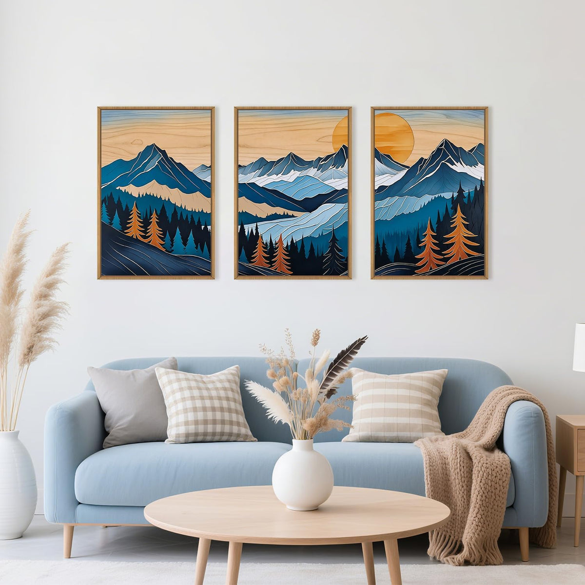 Celestdeco Blue Woodcut Mountain Framed Canvas Wall Art Set, Boho Abstract Ridge Wall Decor, Pine Tree Landscape Wall Painting, Sunrise Forest Art Print for Living Room, Bedroom, Office - 24"X36"X3