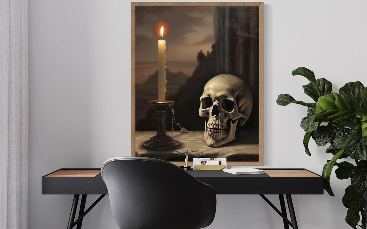 Skull and Candle Poster Art Print, Halloween Scary Vintage Wall Art Academia Spooky Painting Decoration for Horror Prints, Gothic Posters Bedroom Decor 89 (Skull and Candle, 16 x 20 inches, Wood Frame)
