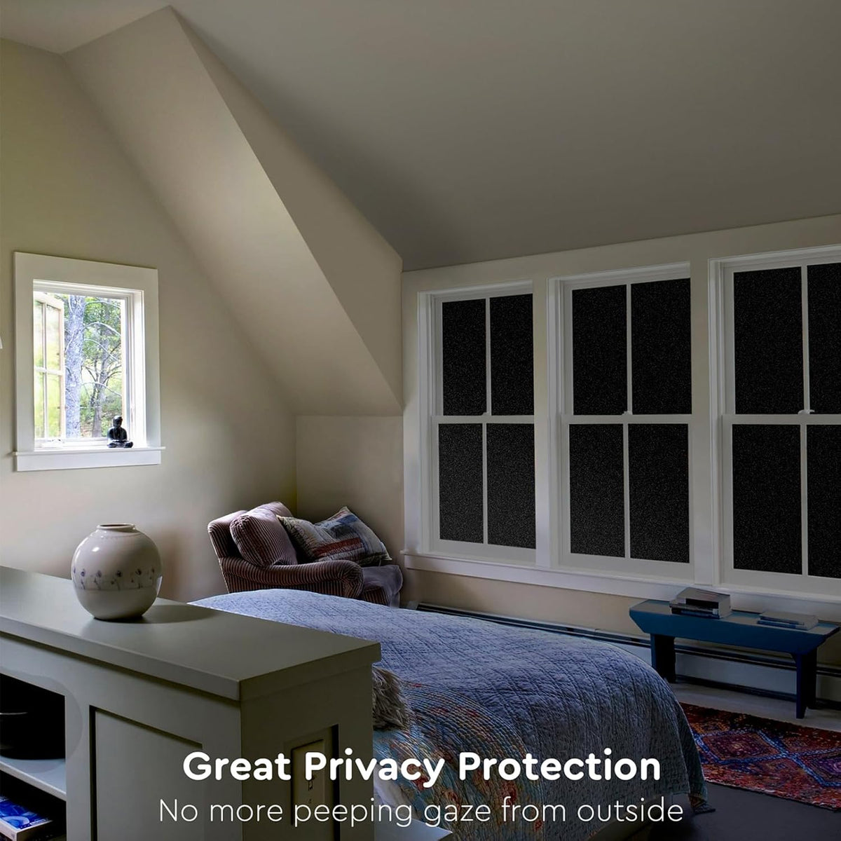 Kromapolis Blackout Window Privacy Film Total Light Blocking Room Darkening Window Covering, Removable Static Cling Frosted Glass Tint, Non-Adhesive, Black 35.4'' x 314.9''