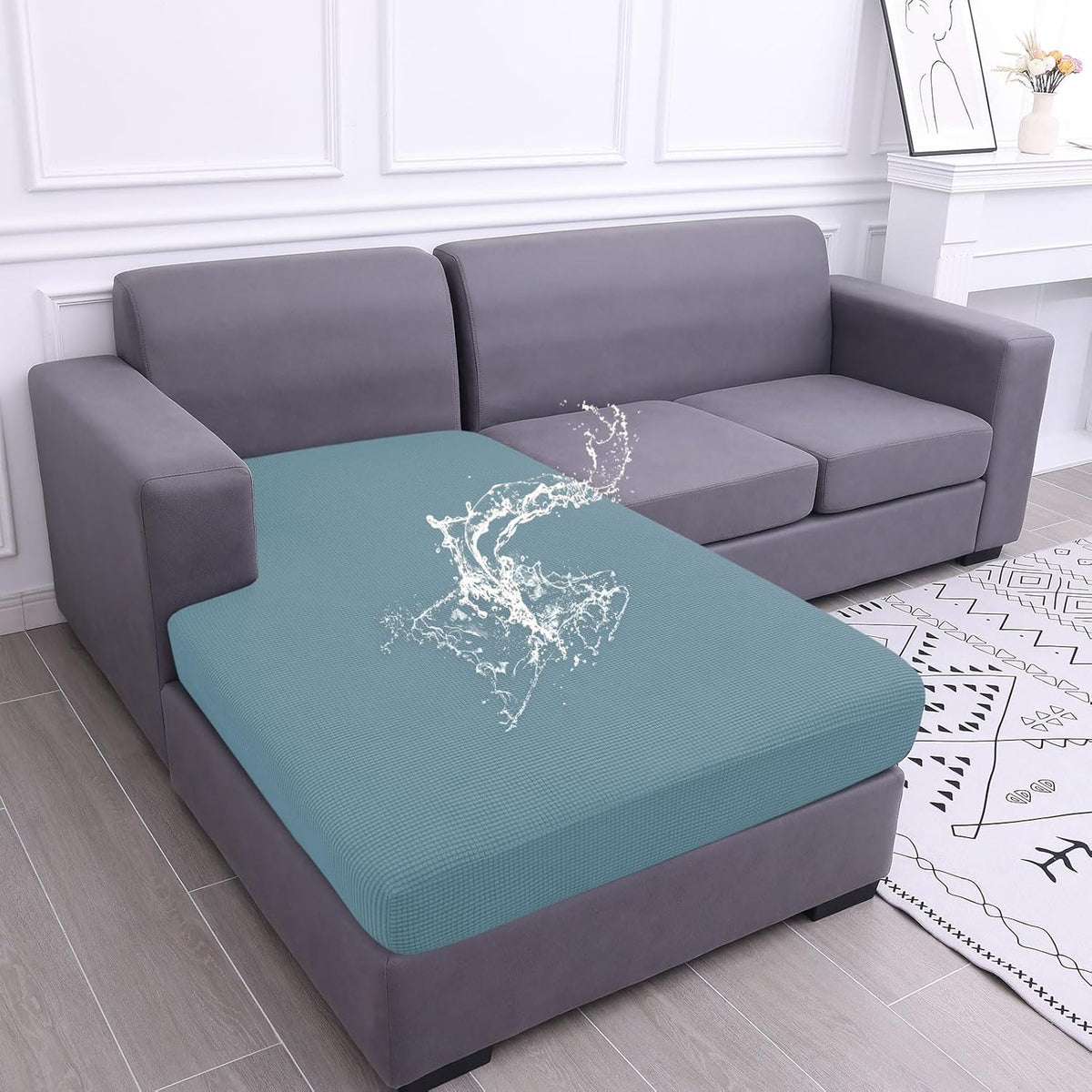hyha Waterproof Sectional Couch Covers, Non Slip Sofa Couch Cushion Covers L Shape, Thick Stretch Jacquard Fabric, Washable Sofa Slipcovers with Elastic Bottom (1 Piece for Chaise XL, Lake Blue)