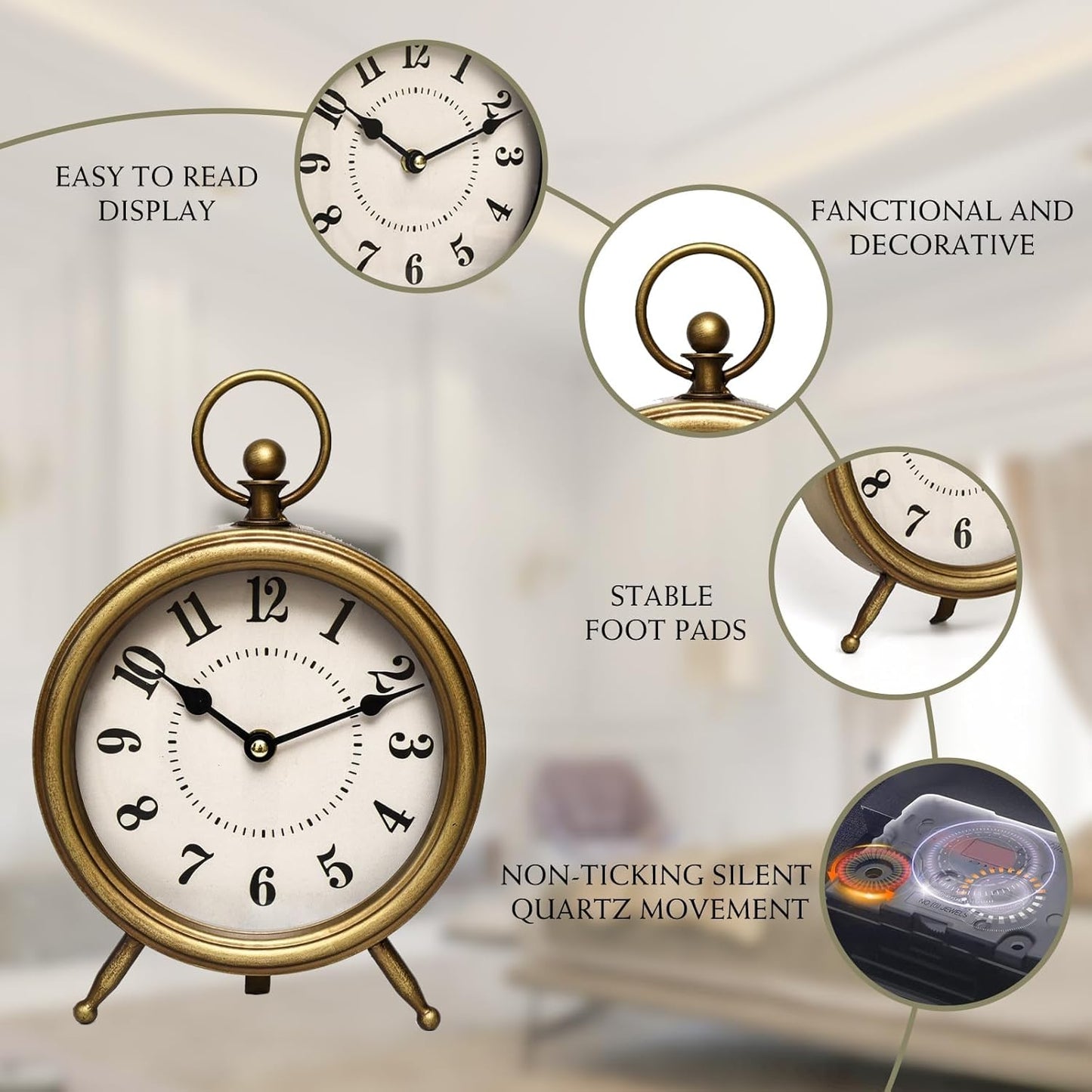 Vintage Table Clock on Stand, Decorative Desk and Shelf Clock Farmhouse Mantel Non-Ticking Clock Rustic Metal Frame with Antique Gold Finish
