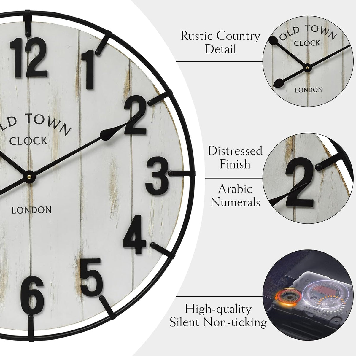 Large Old Town Farmhouse Wall Clock – 24 Inches Rustic Antique Wood with Metal Circle and Large Numerals, Silent Battery Operated Clock for Office, Kitchen, Bedroom, Living Room (Washed White)