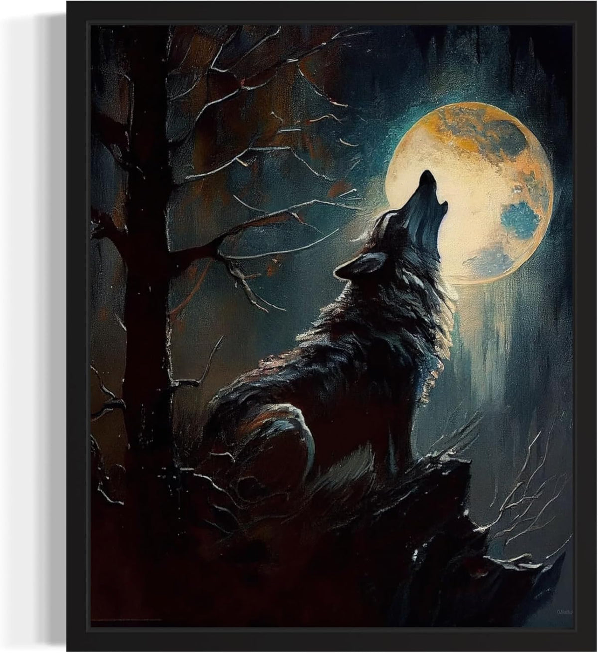 Wolf howling Poster Art Print, Halloween Scary Vintage Wall Art Academia Spooky Painting Decoration for Horror Prints, Gothic Posters Bedroom Decor 89 (Wolf howling, 11 x 14 inches, Black Frame)