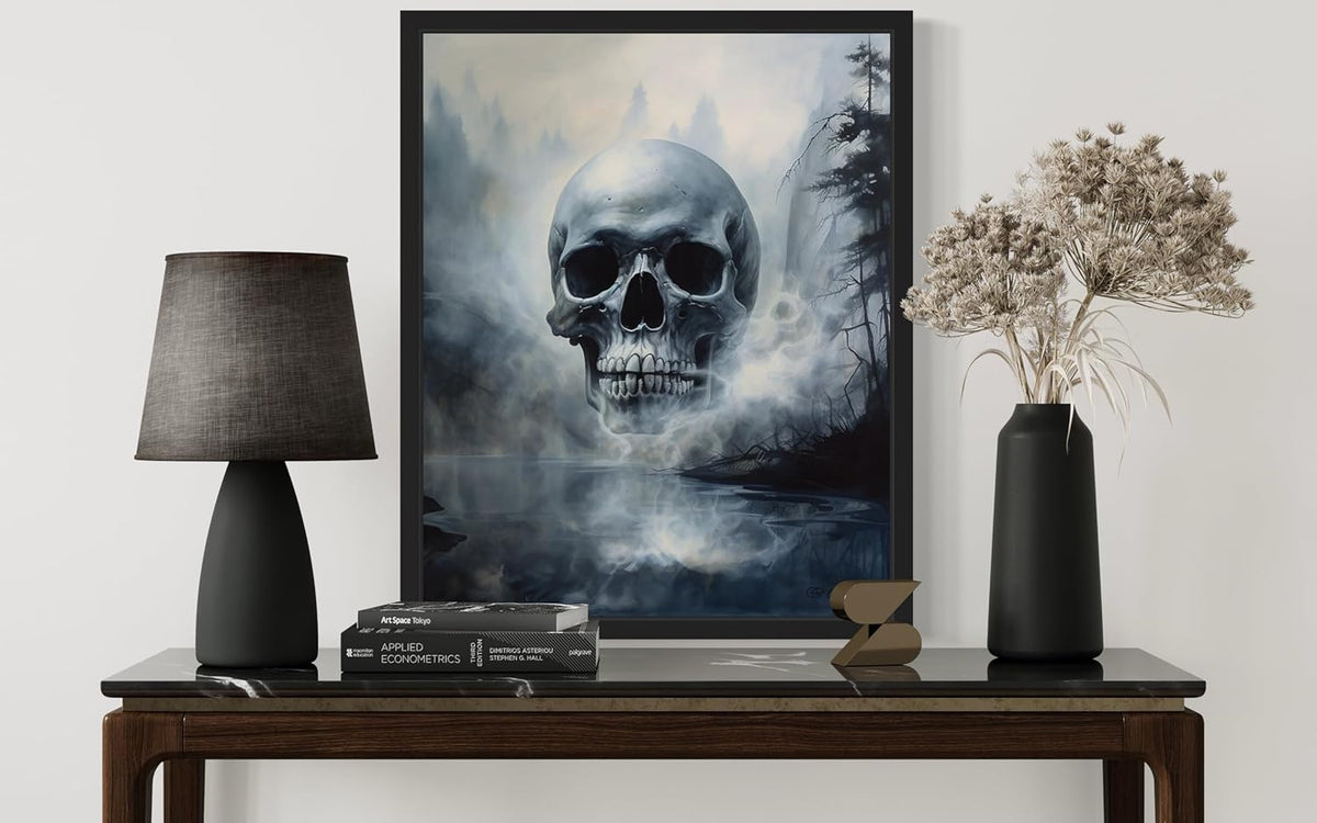Foggy Skull Poster Art Print, Halloween Scary Vintage Wall Art Academia Spooky Painting Decoration for Horror Prints, Gothic Posters Bedroom Decor 89 (Foggy Skull, 8 x 10 inches, Black Frame)