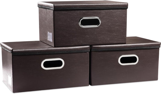 PRANDOM Collapsible Storage Box with Lid [3-Pack] Leather Fabric Foldable Storage Bin Organizer Container Basket Cube with Cover for Home Bedroom Closet Office Nursery Brown(13.6x9.6x6.9)