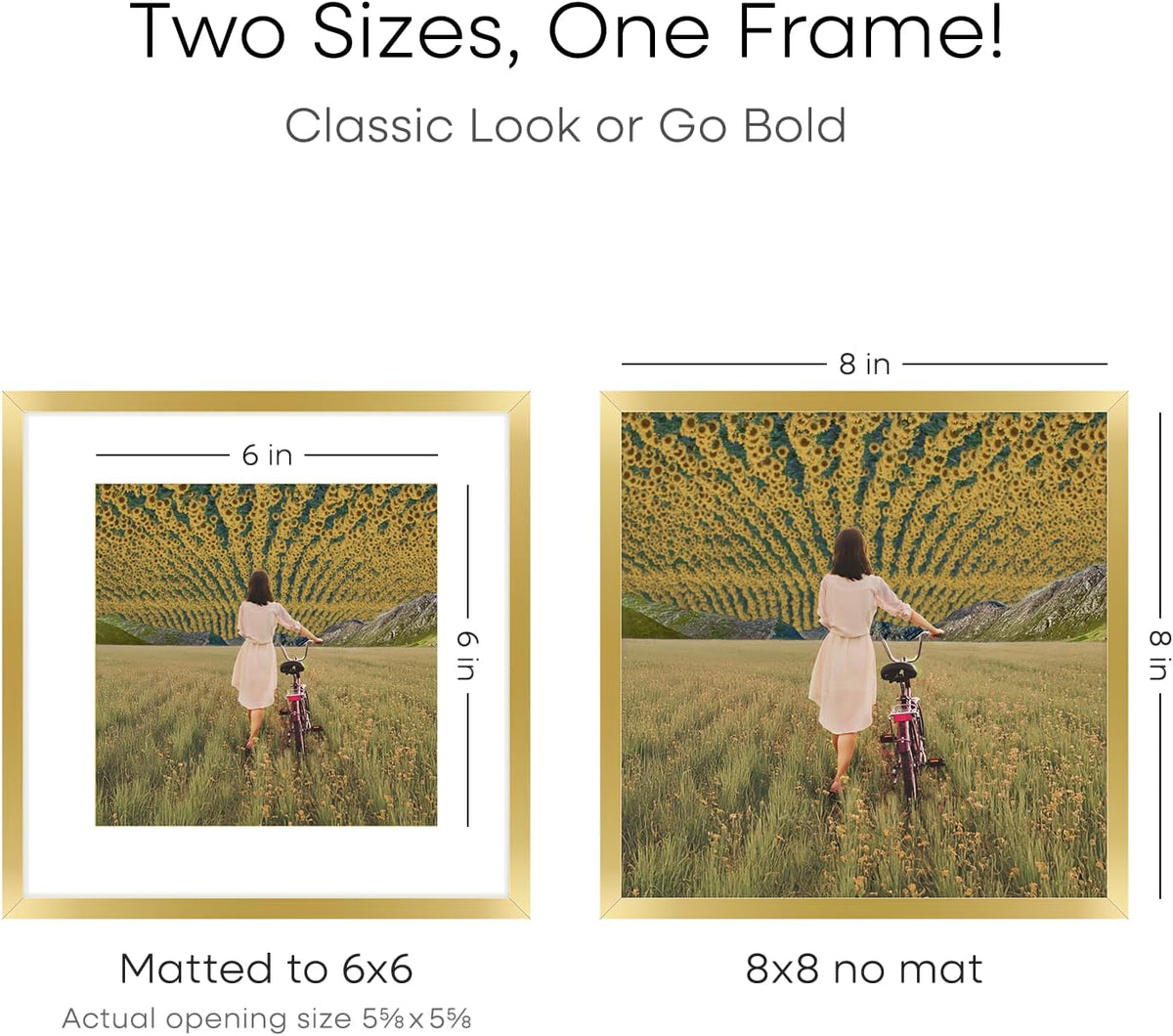 Homeforia 8x8 Picture Frame Gold, High End Metal 8 x 8 Square Photo Frames with Mat 6 by 6, 8x8 Poster Frame Matted to 6x6 inches Print, 8by8 Wall or Tabletop Frame, Tempered Glass, Wall Kit, Set of 1
