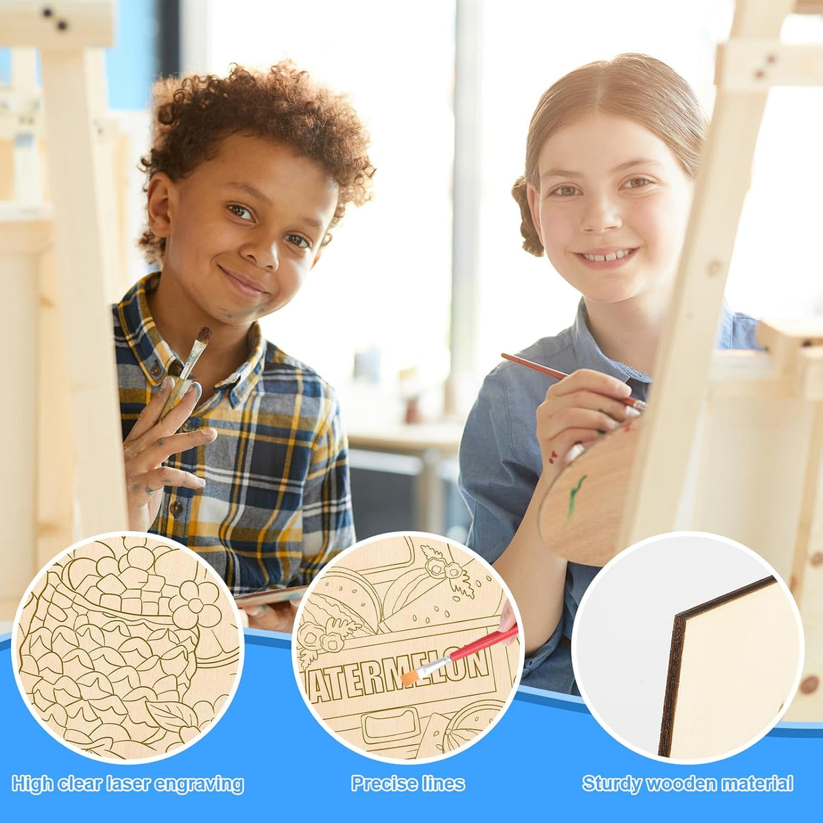 COCHIE 10 Pieces Large Summer Unfinished Wood Crafts to Paint for Kids Adults, Bulk Predrilled Wooden Ornaments for Painting, Beach Pattern Paintable Wood Slices Craft Supplies with Ropes