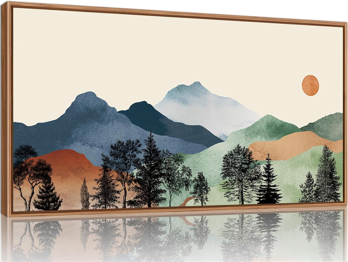 SIGNINART Large Boho Mountains Framed Canvas Wall Art, Watercolor Nature Landscape Art Prints, Neutral Modern Sunrise Art Paintings, Green Forest Wall Decor for Living Room, Bedroom, Office 20"x40"