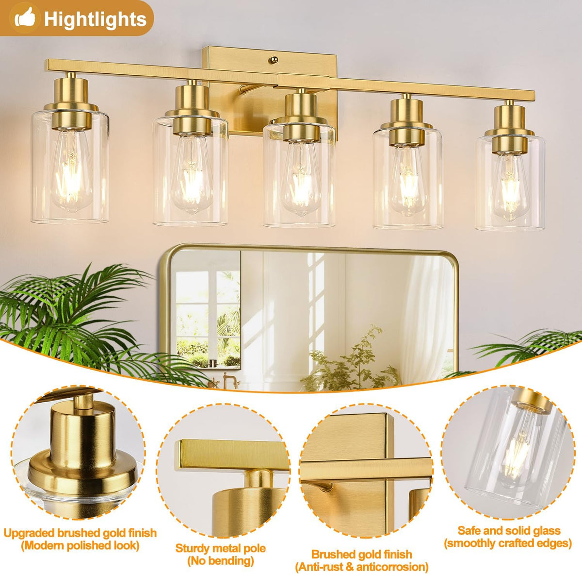 5-Light Bathroom Vanity Light with Clear Glass Shades, Brushed Gold Bathroom Light Fixtures Over Mirror, Modern Vanity Light for Mirror Living Room Cabinet Bedroom Porch