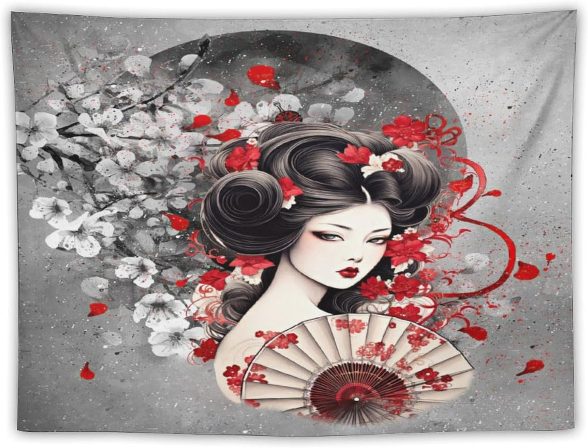 Japanese Geisha Tapestry Asian Red Cherry Blossom Red Sun Traditional Kimono Folk Tapestries Home Decor for Living Room Bedroom Apartment Farmhouse Dorm 60"x50"