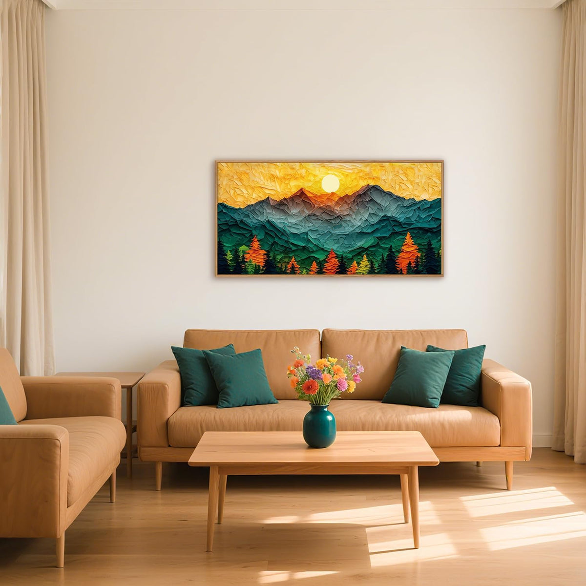Abstract Sun Mountain Framed Canvas Wall Art Set, Forest Pine Tree Golden Sunset Wall Decor, Mixed Patchwork Landscape Art Print for Living Room, Bedroom, Dining Room, Office - 20"x40"