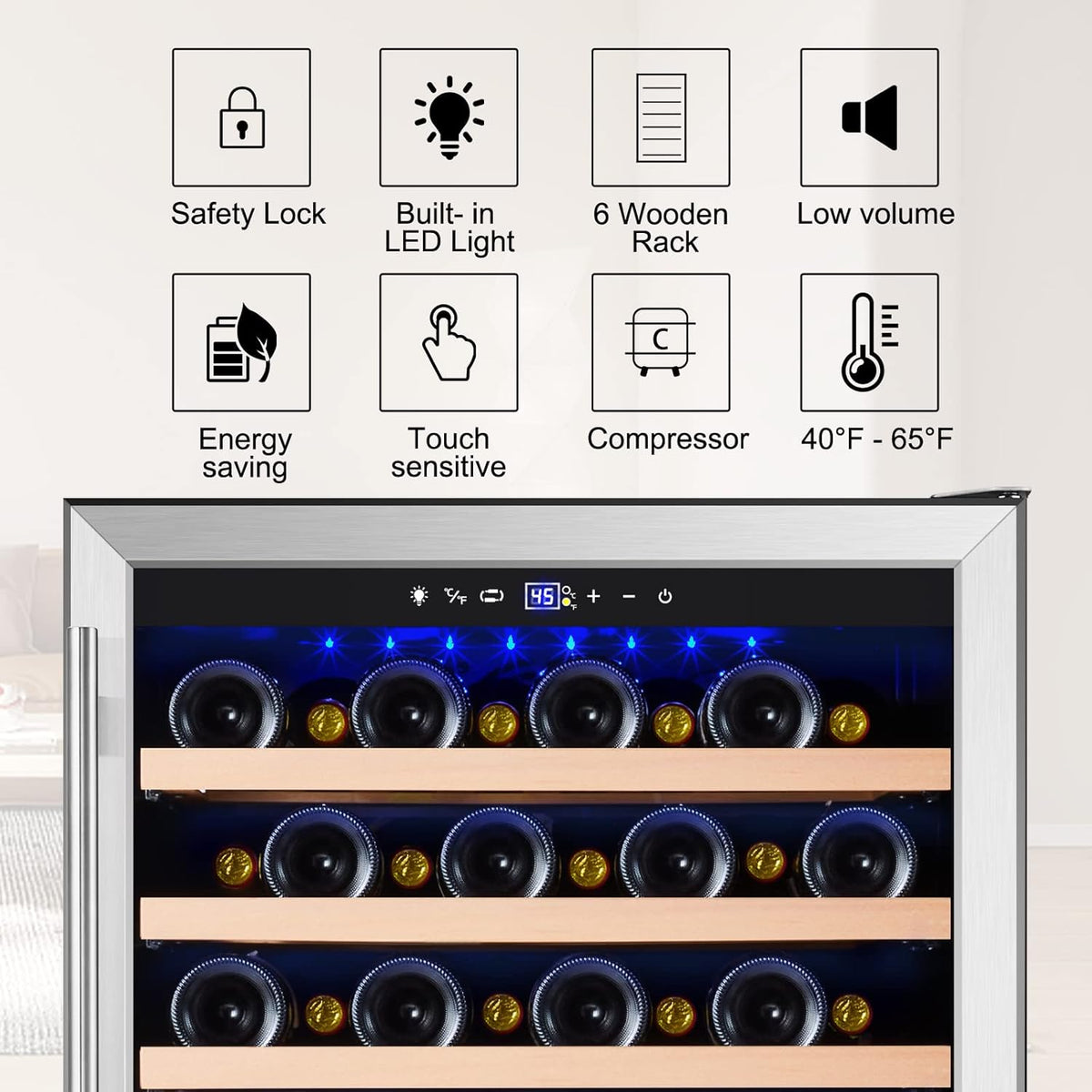 Tylza 24 Inch Wine Cooler Refrigerator, 51 Bottle Built-in or Freestanding, 24'' Fridge with Stainless Steel & Double Layer Tempered Glass Door and Temperature Memory Function