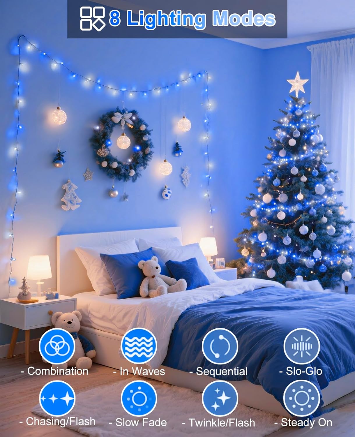 Christmas Lights Outdoor 40FT 120 LED, Green Wire Christmas Tree Lights Waterproof, 8 Modes & Timer, Connectable String Light for Indoor Garden Yard Party Wedding Decorations, Blue White
